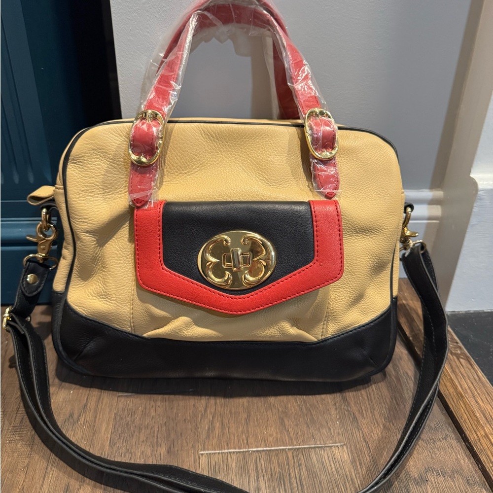 Emma Fox Red (Salmon), Black, and Tan Satchel NWOT
